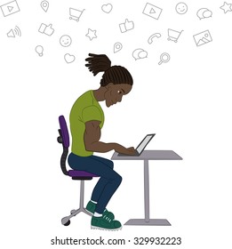 Vector flat illustration of workplace and coworking. Social network and community concept. Manager and internet layout. Cloud technology and services in line style icon. Character man in hackathon   