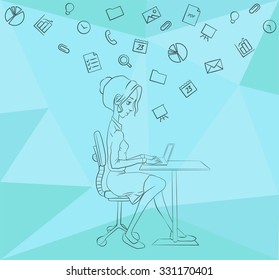 Vector flat illustration of workplace and coworking. Social network and community concept. Designer and internet layout. Cloud technology and services in line style icon. Character man in hackathon