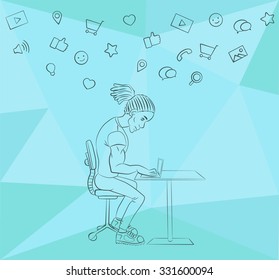 Vector flat illustration of workplace and coworking. Social network and community concept. Designer and internet layout. Cloud technology and services in line style icon. Character man in hackathon