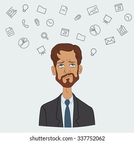 Vector flat illustration of workplace and coworking. Social network and community concept. Designer and internet layout. Cloud technology and services in line style icon. Character man in hackathon