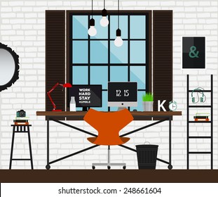 Vector flat illustration workplace in loft interior. Desk concept. Modern design of creative office workspace. Icon collection of business work flow items and elements. Freelancers workplace at home.