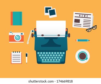 Vector flat illustration of workplace of typewriter with documents and equipment for blog. Old journalism theme - vector illustration