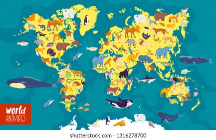 Vector flat illustration of world map with sea, oceans, continents and local animals & plants: polar bear, fox, squirrel, wolf, elephant, tiger, fish etc. Good for infographics, children book, banners