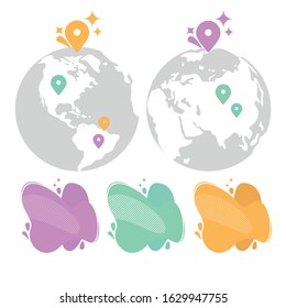 Vector flat illustration of world map in two positions with map pins and modern trendy liquid banners in purple, blue, yellow colors. Template for design of logo, flyer, presentation