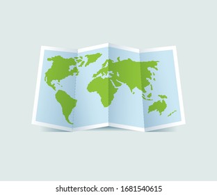 Vector flat illustration of a world map on folded paper on neutral background