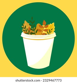 Vector flat illustration, yellow autumn fallen leaves in a white paper coffee cup.
