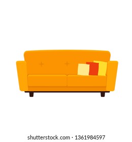 Vector flat illustration of yellow colored couch with pillows isolated on white background