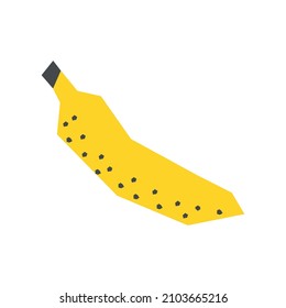 Vector flat illustration with yellow ripe banana. Closed fruit has simple geometric shape and black dots. Natural sweet vegetarian product. Isolated food on white background