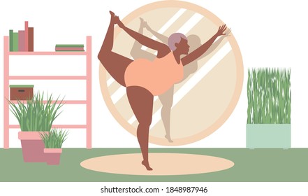 Vector flat illustration of yoga . The body of a positive Afroamerican girl stands on one leg. A woman is in harmony with herself, her mental and physical health.