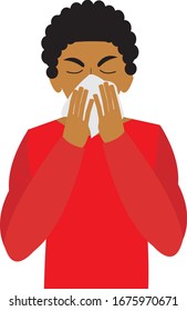 Vector flat illustration of a young African American man wearing red t-shirt and sneezing