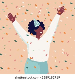 Vector flat illustration, young African woman having fun with confetti. Birthday party concept.
