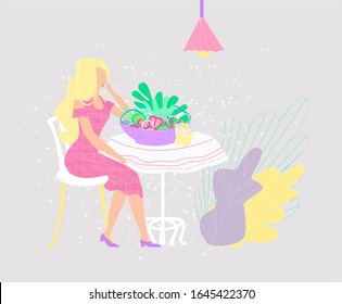 Vector flat illustration young attractive woman eating salad. Concept healthy food, diet, raw, organic food, vegetarianism, lifestyle, weight loss, calories. Use in web design, banners, postcards etc