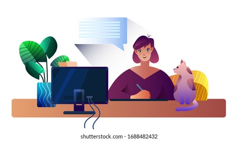 Ilustración plana vectorial con una joven atractiva mujer trabajando en casa. Concepto independiente con carácter femenino, ordenador, gato, planta doméstica.