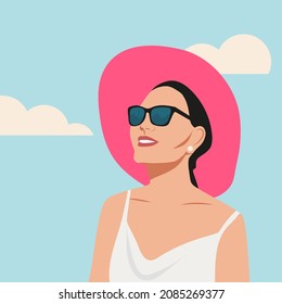 vector flat illustration of a young attractive woman in a pink hat in summer on a blue sky background. postcard at the sea. concept of summer, vacation. Retro style