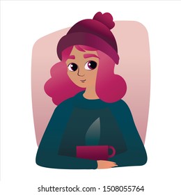 Vector flat illustration. Young beautiful girl in warm things autumn-winter with pink hair. A woman is wearing a purple hat, a blue sweater, hands holding a mug with a hot drink. Gradient illustration