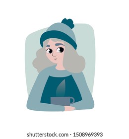 Vector flat illustration. Young beautiful girl in warm things autumn-winter with blonde-gray hair. A woman is wearing a blue hat, a blue sweater, hands holding a mug with a hot drink.