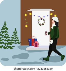 Vector flat illustration of a young beautiful girl in comfortable winter clothes with a glass of coffee in her hand walks on a snowy and decorated street for Christmas