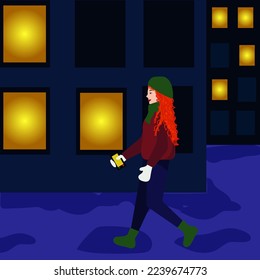 Dibujo vectorial plano de una joven hermosa muchacha con el pelo largo y rizado rojo con cómoda ropa de invierno caminando por la ciudad nocturna con un teléfono en la mano
