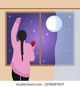 Vector flat illustration of a young beautiful girl in a pink comfortable sweater holds a paper glass of coffee in her hand and looks out the window at the starry sky
