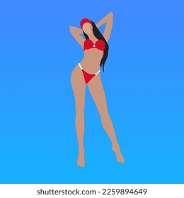 Vector flat illustration of a young beautiful girl with long dark hair and a toned athletic figure in a stylish modern red swimsuit standing on the beach
