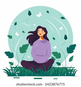 Ilustración vectorial plana de una joven hermosa niña meditando en la naturaleza.
