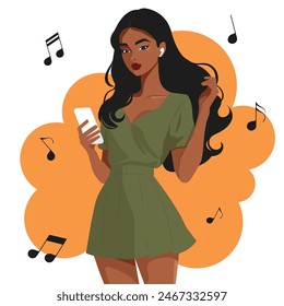 Ilustración plana de Vector de una joven hermosa chica en un vestido corto con un teléfono inteligente en la mano y auriculares inalámbricos en sus oídos escuchando música. 
