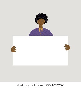 Vector flat illustration with young black woman holding empty paper sheet. Flat modern character isolated on background.