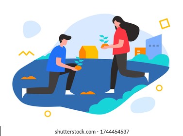 Vector flat illustration, young couple go green, cycle, saving the planet, World Environment Day, Bio technology, a green city