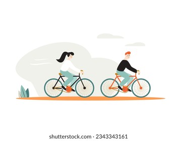Vector flat illustration of young couple on bicycles. Flat concept of outdoor training.