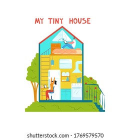 Vector flat illustration young family that lives in tiny house. They work remotely on laptop, reading. There is image part of interior. It can be used in web design, banners, etc.