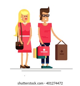 Vector flat illustration of young fashionable couple with a lot of shopping bags. Shopping with a friend. Big sale.