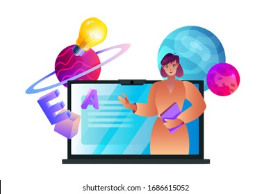 Vektorillustration flache Illustration mit jungen Lehrerinnen mit Video-Chart, Laptop, Planeten, Glühbirne, 3D-Formen. Online-Webinar und Kurse-Konzept mit freundlichem Lerner einzeln auf Weiß.