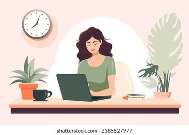 Vector flat illustration of young focused pretty female freelancer in casual clothing working on laptop in bright cosy room 