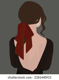 Vector flat illustration young girl sitting and her back  A brown  haired woman and red bow   black dress  Dress and an open back  Design for avatars  posters  backgrounds  templates 