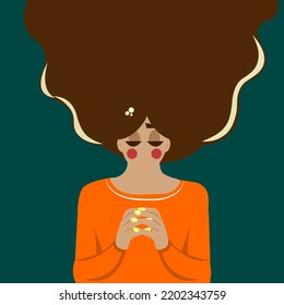 Vector flat illustration of a young girl with long hair. The image can be supplemented with your own object.