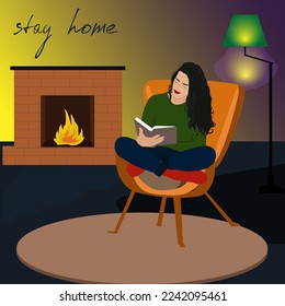 Vector flat illustration of a young girl sitting in a chair near the fireplace and reading a book during quarantine