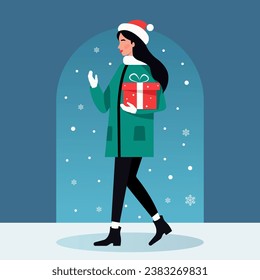 Vector flat illustration, a young girl in a New Year's hat walks around the city with a gift box in her hand. Christmas Eve, holiday shopping.
