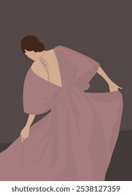 Ilustração plana vetorial de uma jovem. Morena em um vestido longo em pó. De pé com as costas dela. Design para avatares, cartazes, fundos, modelos, banners, têxteis, cartões postais.