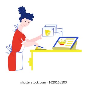 Vector flat illustration with young, happy woman in apron who s cooking in kitchen. Recipe s viewed from mobile device online through Internet. Site interface is shown abstractly, enlarged.
