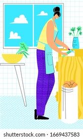 Vector flat illustration with young happy woman who is doing household chores, cooking in kitchen. Concept homework, cleaning, cooking, living alone. Use in web design, banners, postcards, etc.