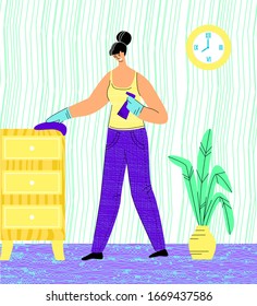 Vektorillustration flache Illustration mit jungen glücklichen Frauen, die Hausarbeit machen, Staub von Oberflächen abwischen. Konzept Hausarbeit, Reinigung, Schaffung von Komfort im Haus, Alleinleben. Verwendung in Webdesign, Bannern usw.