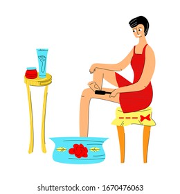 Vector flat illustration with young happy woman who treats corns of feet, heels, calluses. Concept foot care, pedicure, maintaining foot health, beauty. Use in web design, banners, etc.