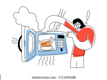 Imagen plana vectorial joven feliz que toma pollo preparado de microondas. Cocina conceptual con microondas.