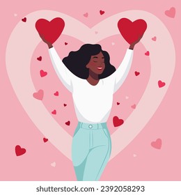 Vector flat illustration, young happy African woman celebrating valentine's day alone. The concept of self-care and love.
