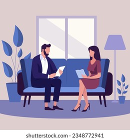 Vector flat illustration, young male businessman in a session with a psychologist. The concept of mental health care.