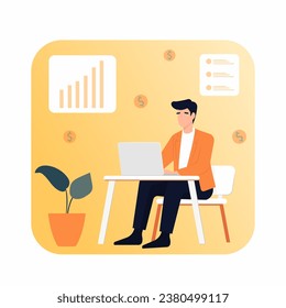 Ilustración plana vectorial, hombre joven de negocios, autónomo trabajando en una laptop.
