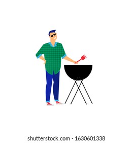 Vector flat illustration of young man who grilled. family activities 