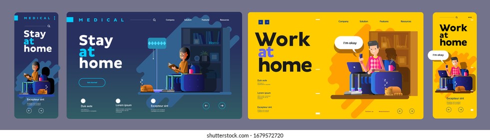 A vector flat illustration of a young man and a young woman working at home during Covid-19. Everyone stays at home. Remote work from home during quarantine. Website template