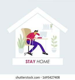 Vector flat illustration - young man working at home during Covid-19 -self isolation concept. Stop coronavirus template.
