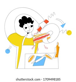 Vector Flat Illustration With Young Man Cooking Hot Dog In Mess. The Concept Of City Meals On Wheels, Quick Snack, Cooking.